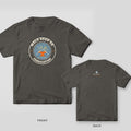 Weld Bead Co. Fabrication Badge welder shirt shown back and front on Pepper Comfort Colors 1717: Small back-neck hex nut "WB" logo with "Weld Bead Co." and "Fuse · Grind · Repeat"