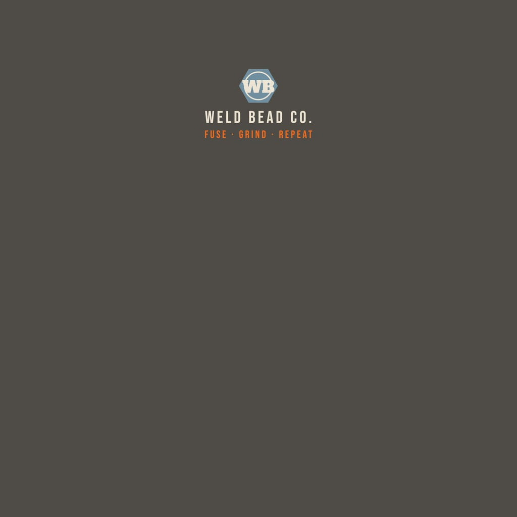 Close-up of the Weld Bead Co. Fabrication Badge print showing bone, arc orange and steel blue ink detail
