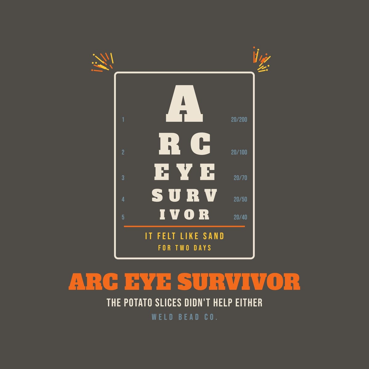 Close-up of the Arc Eye Survivor print showing bone, arc orange and steel blue ink detail