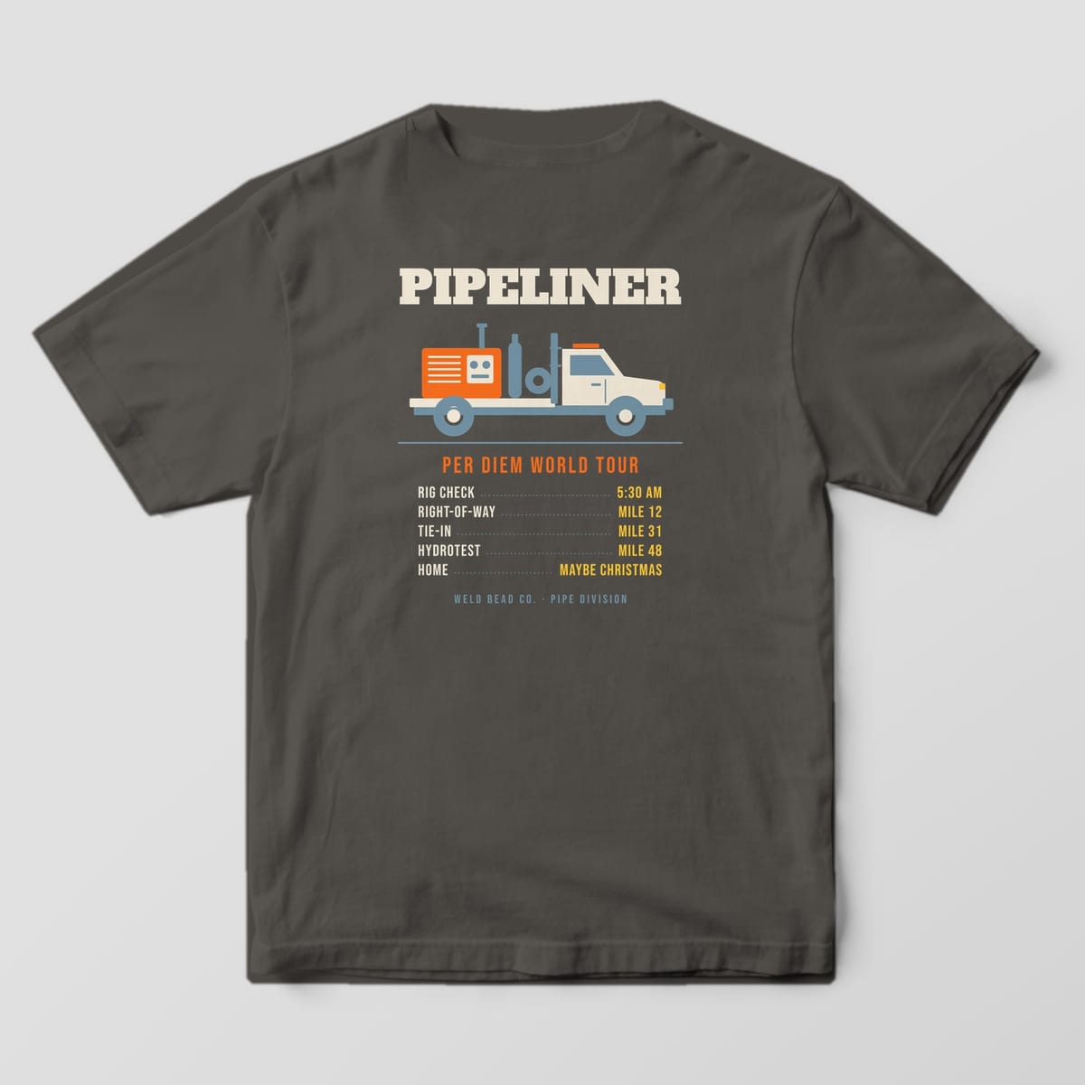 Back print on a Pepper Comfort Colors 1717 tee: "Pipeliner" over a welding rig truck, then a "Per Diem World Tour" list: rig check, right-of-way, tie-in, hydrotest, home
