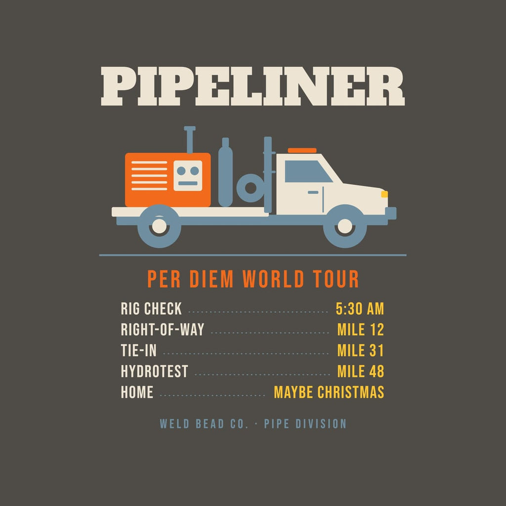 Close-up of the Pipeliner: Per Diem World Tour print showing bone, arc orange and steel blue ink detail