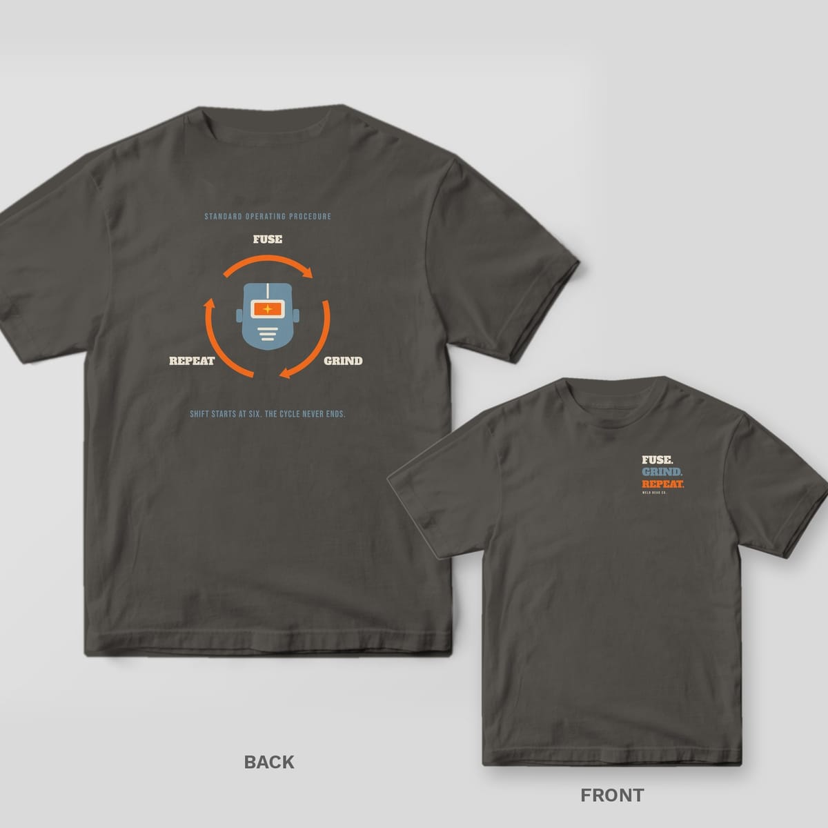 Fuse. Grind. Repeat. welder shirt shown back and front on Pepper Comfort Colors 1717: Three cycle arrows around a welding hood labeled "Fuse", "Grind" and "Repeat", with "Shift Starts at Six. The Cycle Never Ends."