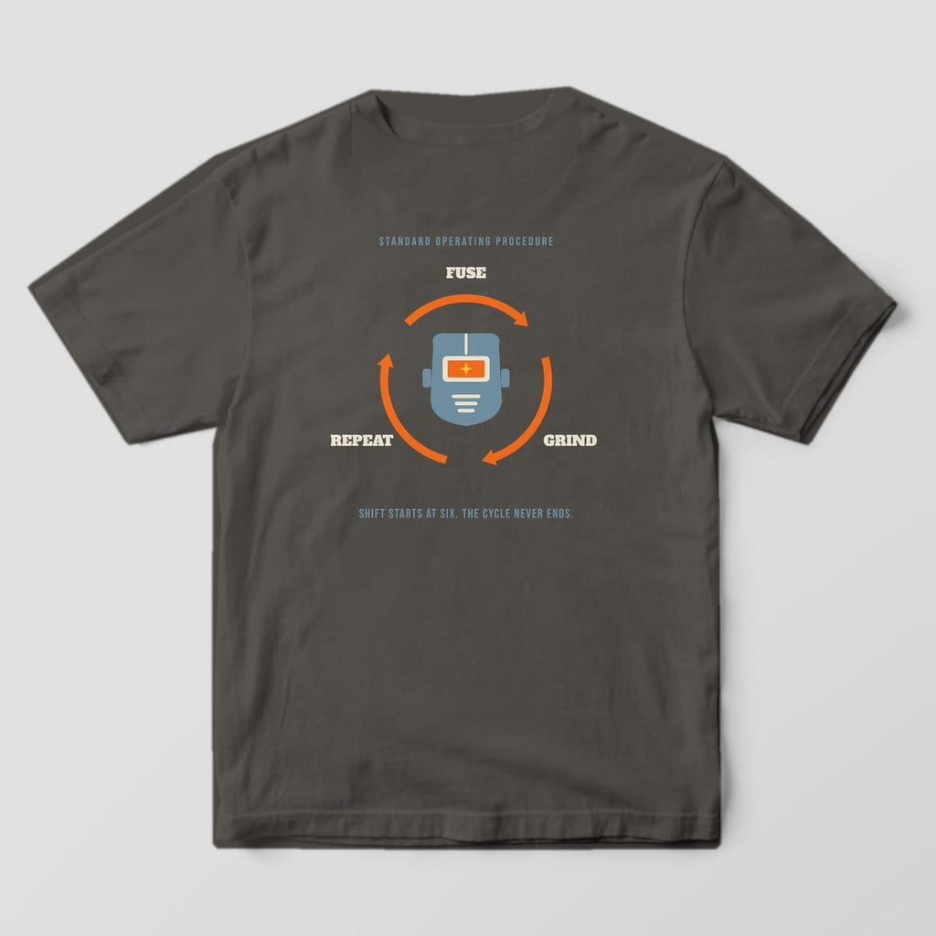 Back print on a Pepper Comfort Colors 1717 tee: Three cycle arrows around a welding hood labeled "Fuse", "Grind" and "Repeat", with "Shift Starts at Six. The Cycle Never Ends."