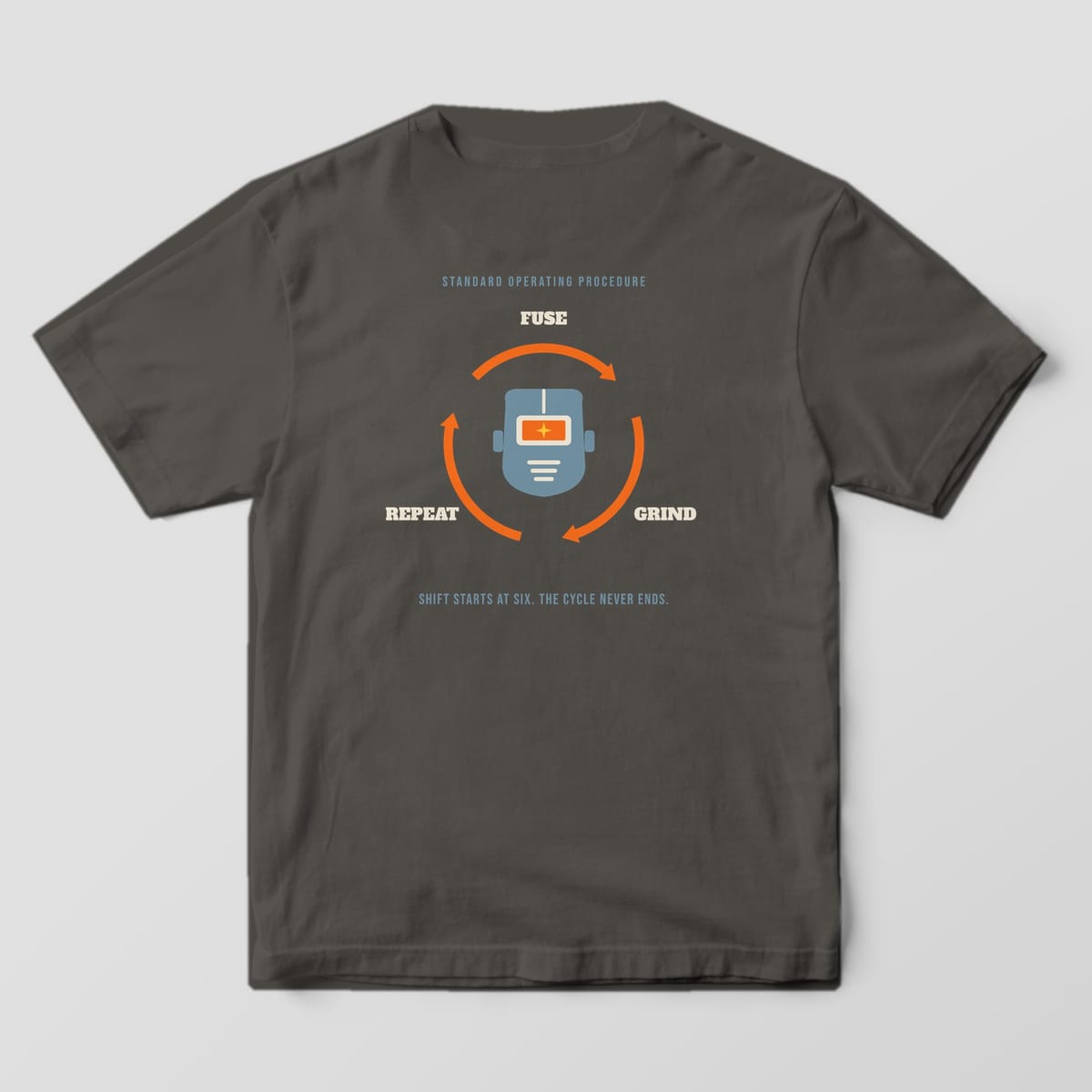 Back print on a Pepper Comfort Colors 1717 tee: Three cycle arrows around a welding hood labeled "Fuse", "Grind" and "Repeat", with "Shift Starts at Six. The Cycle Never Ends."