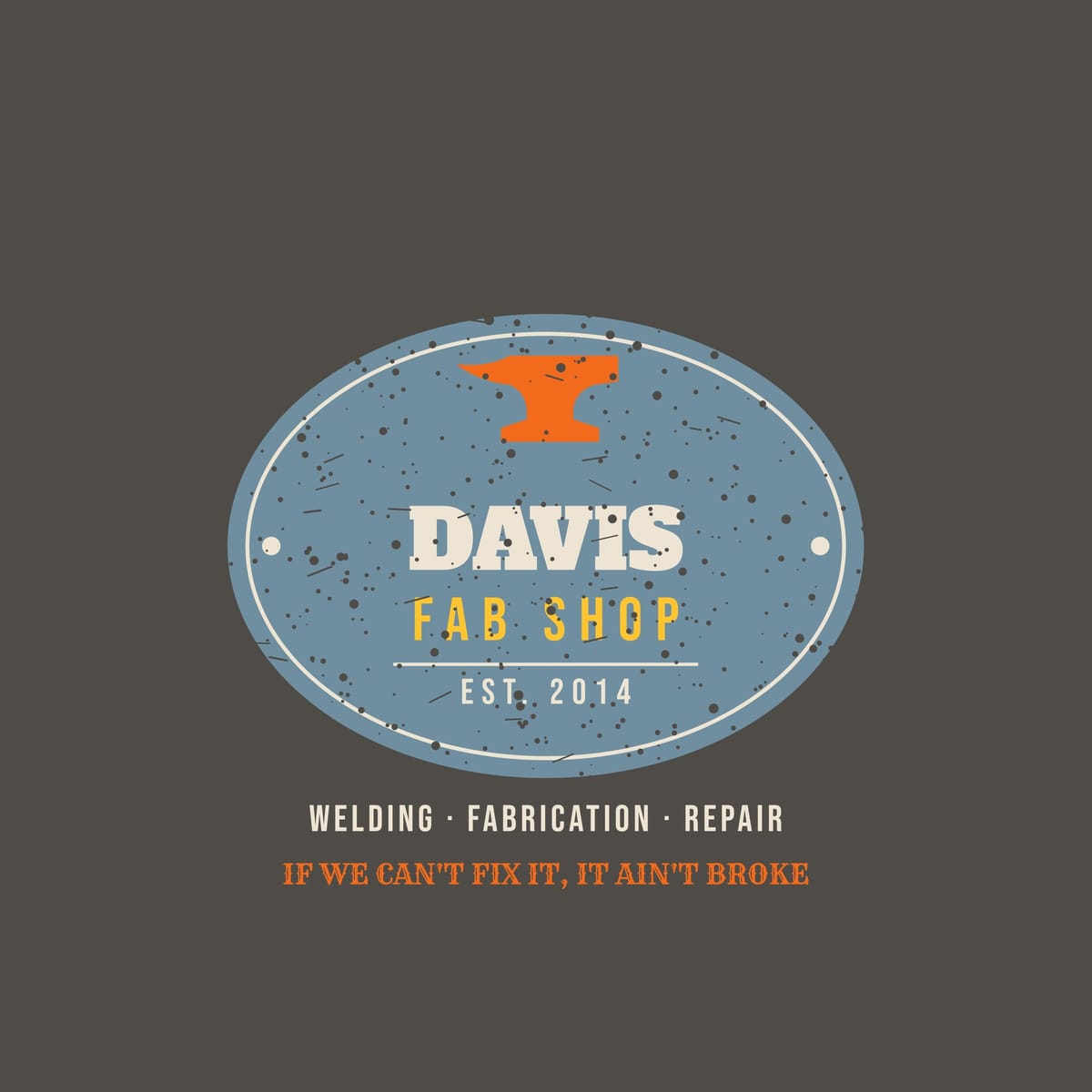 Close-up of the Custom Fab Shop Plate (custom name) print showing bone, arc orange and steel blue ink detail