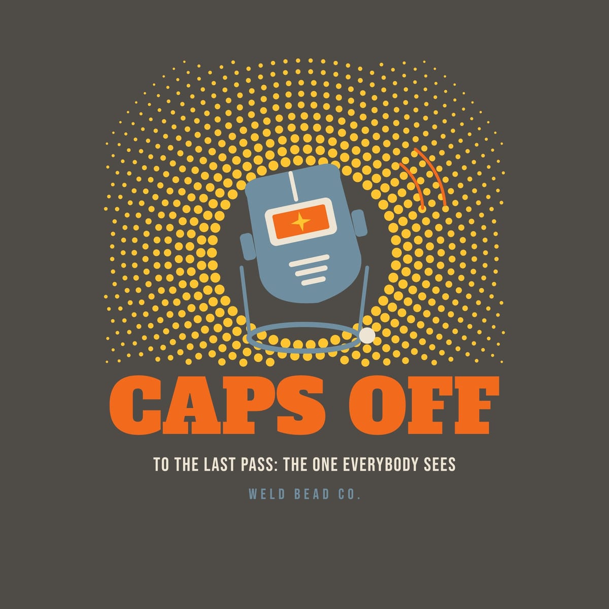 Close-up of the Caps Off print showing bone, arc orange and steel blue ink detail