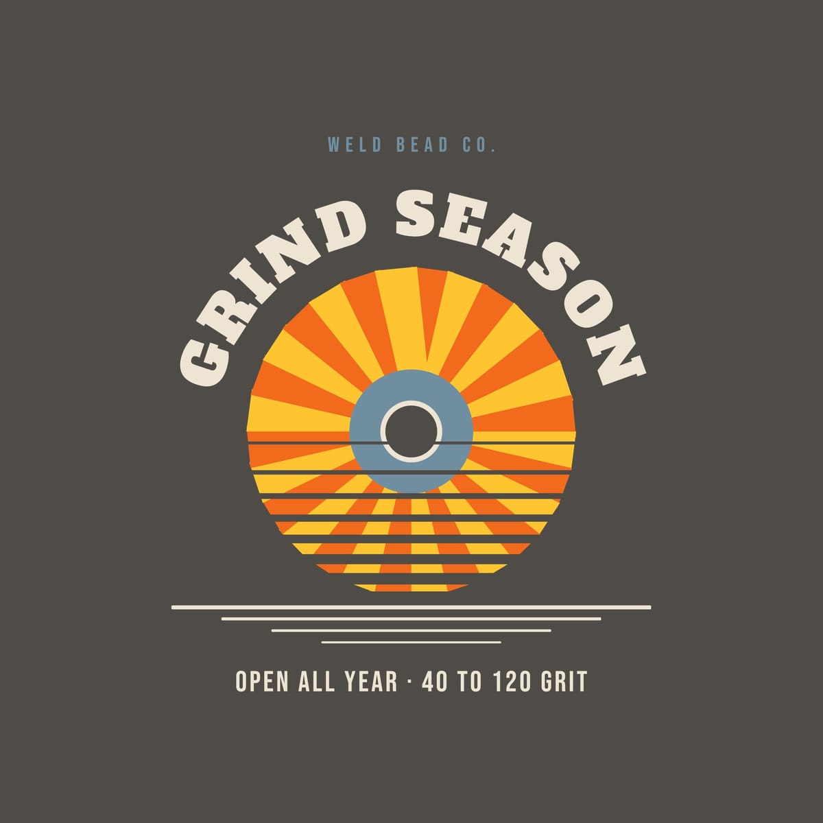 Close-up of the Grind Season print showing bone, arc orange and steel blue ink detail