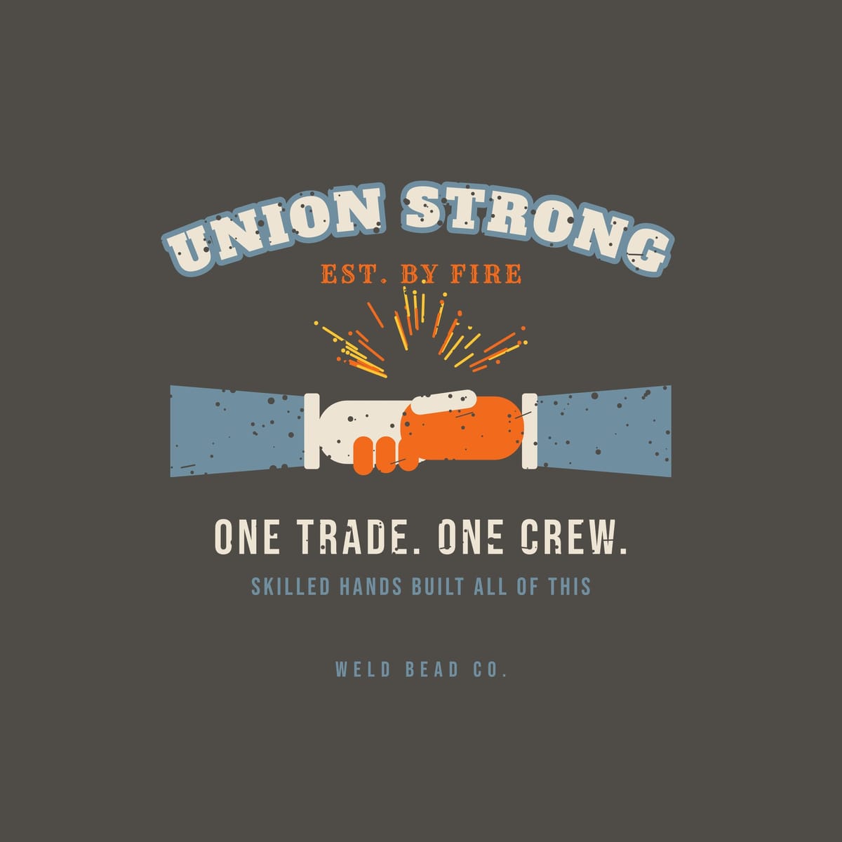 Close-up of the Union Strong print showing bone, arc orange and steel blue ink detail
