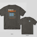 Tack It and Check It welder shirt shown back and front on Pepper Comfort Colors 1717: "Tack It & Check It" over a labeled butt-joint fit-up figure, with "1. Tack It · 2. Check It · 3. Check It Again · 4. Run It"
