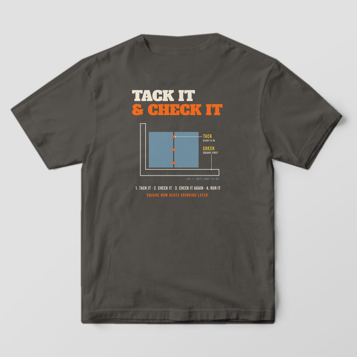 Back print on a Pepper Comfort Colors 1717 tee: "Tack It & Check It" over a labeled butt-joint fit-up figure, with "1. Tack It · 2. Check It · 3. Check It Again · 4. Run It"