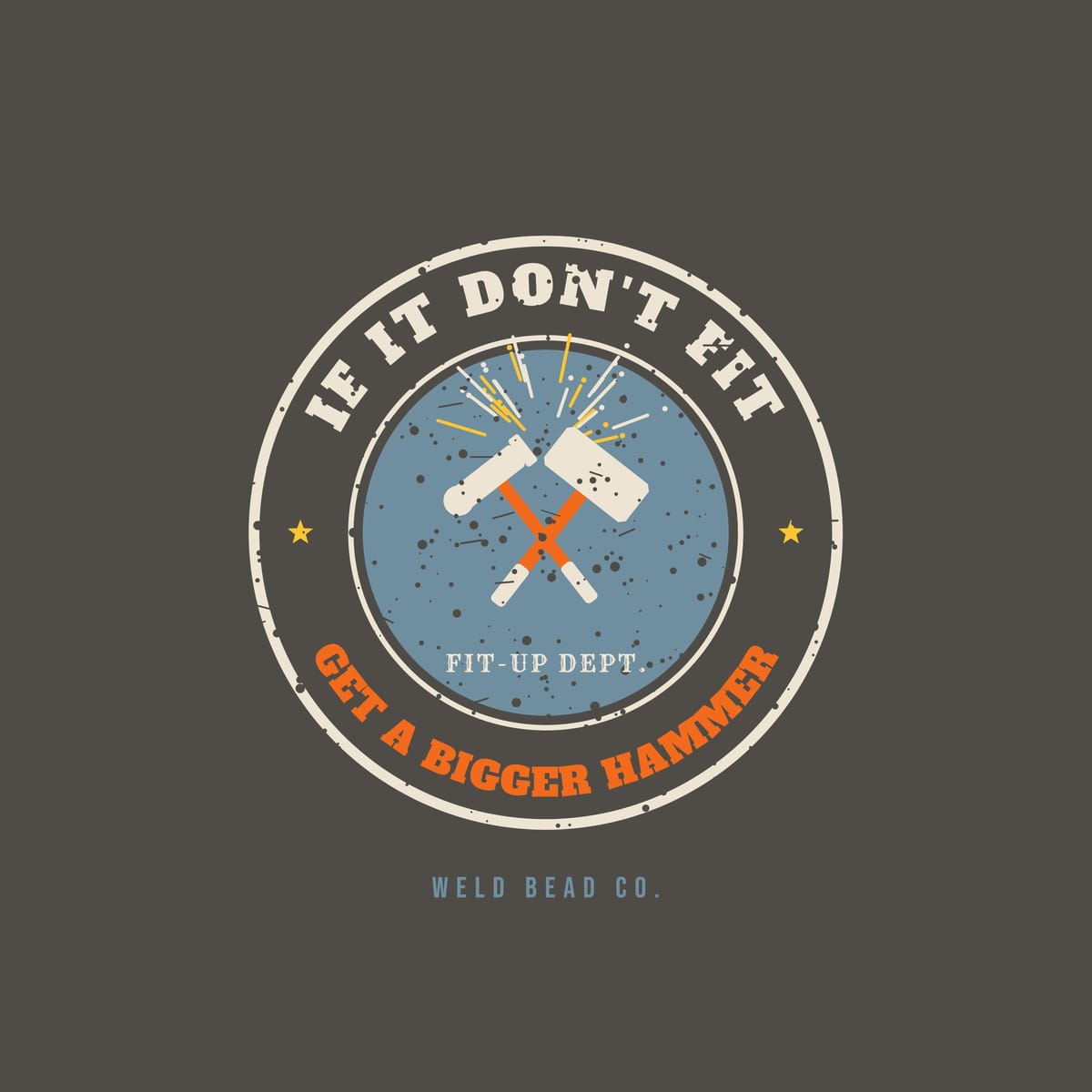 Close-up of the If It Don't Fit, Get a Bigger Hammer print showing bone, arc orange and steel blue ink detail