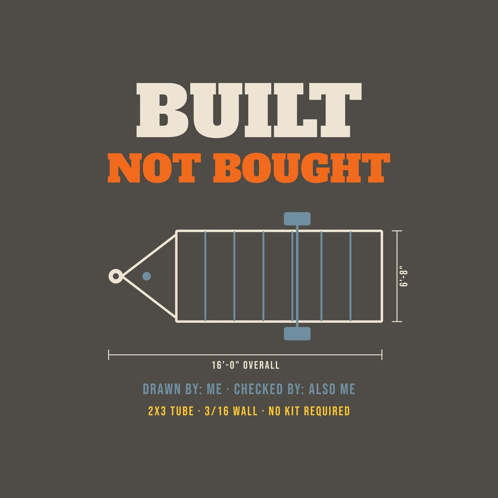 Close-up of the Built Not Bought print showing bone, arc orange and steel blue ink detail