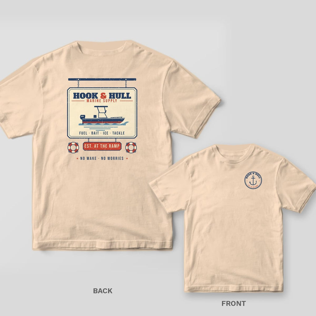 Back and front of an ivory Comfort Colors T-shirt with a vintage marina sign print with a center console boat, life rings and the words Hook and Hull Marine Supply; small chest print on the front