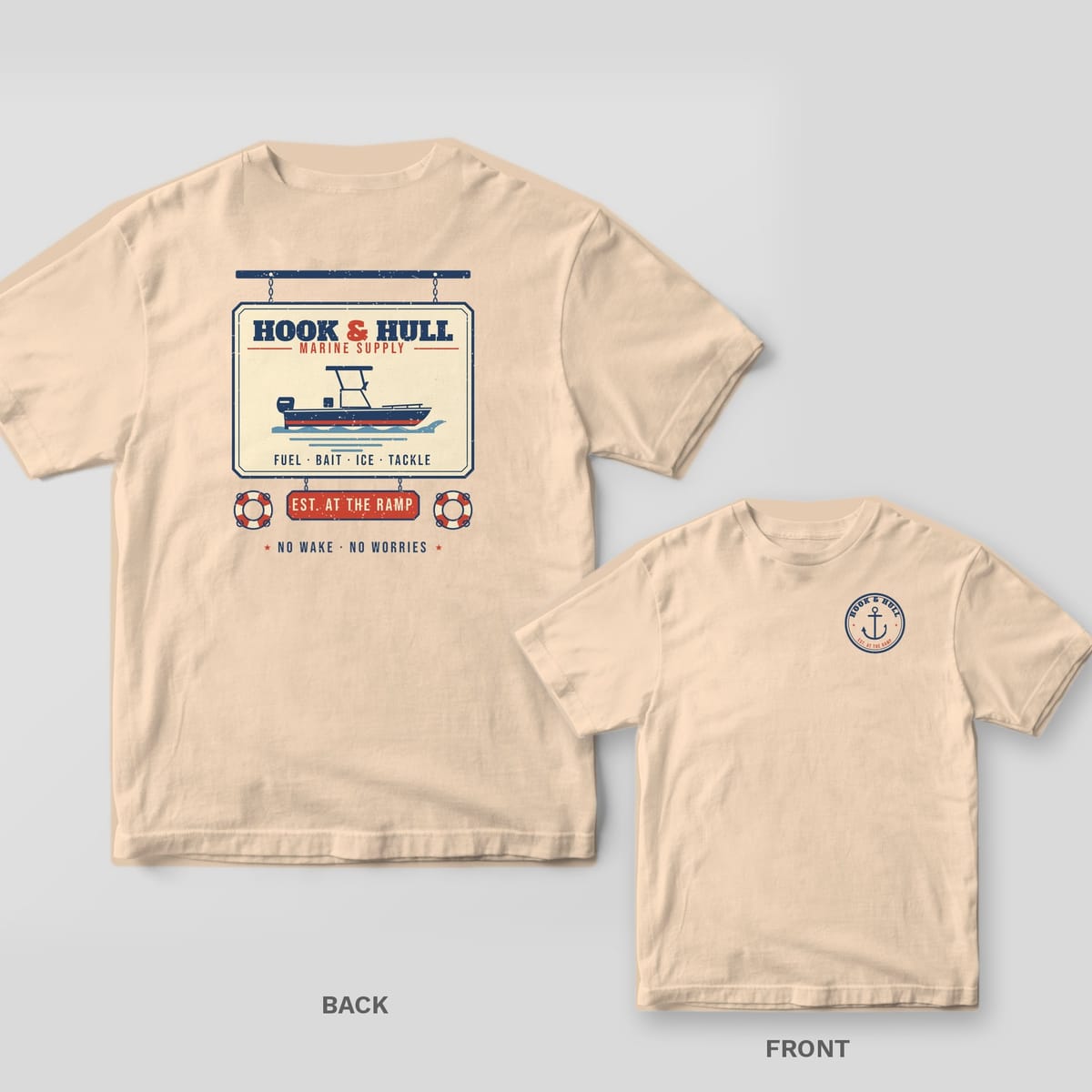 Back and front of an ivory Comfort Colors T-shirt with a vintage marina sign print with a center console boat, life rings and the words Hook and Hull Marine Supply; small chest print on the front