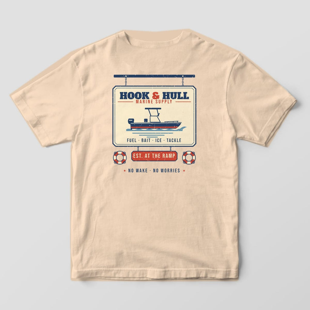 Back of an ivory Comfort Colors 1717 T-shirt showing the vintage marina sign print with a center console boat, life rings and the words Hook and Hull Marine Supply