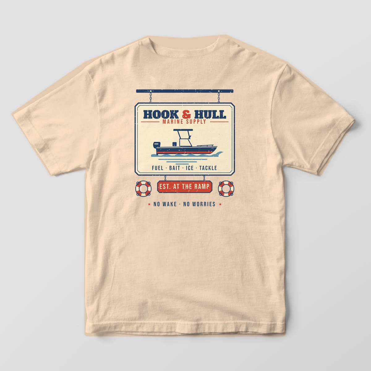 Back of an ivory Comfort Colors 1717 T-shirt showing the vintage marina sign print with a center console boat, life rings and the words Hook and Hull Marine Supply