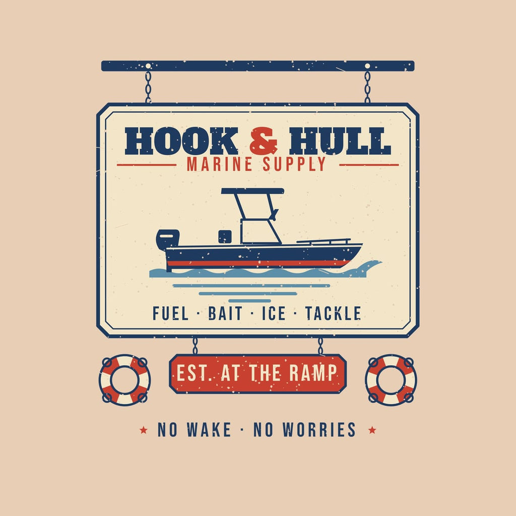 Close-up of the back print artwork on an ivory background: vintage marina sign print with a center console boat, life rings and the words Hook and Hull Marine Supply