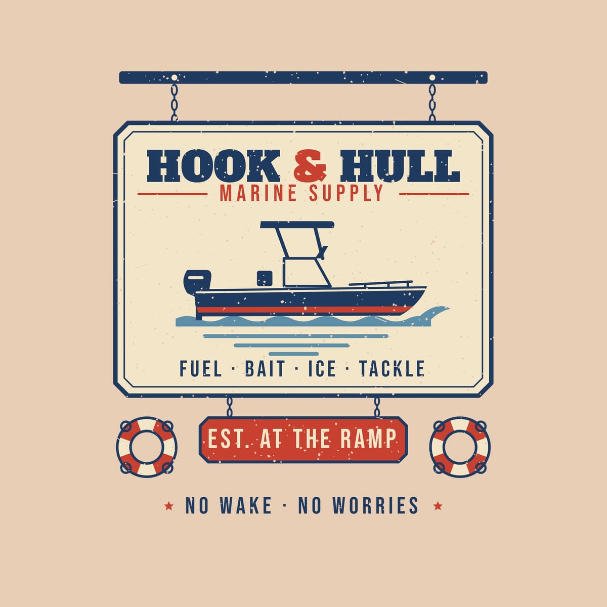 Close-up of the back print artwork on an ivory background: vintage marina sign print with a center console boat, life rings and the words Hook and Hull Marine Supply