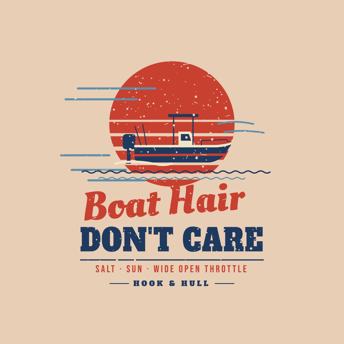 Close-up of the back print artwork on an ivory background: center console boat speeding across a striped red sunset with wind lines and the words Boat Hair Don't Care
