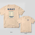 Back and front of an ivory Comfort Colors T-shirt with a large B.O.A.T. Break Out Another Thousand lettering above a long receipt of boat repairs at a thousand dollars each; small chest print on the front