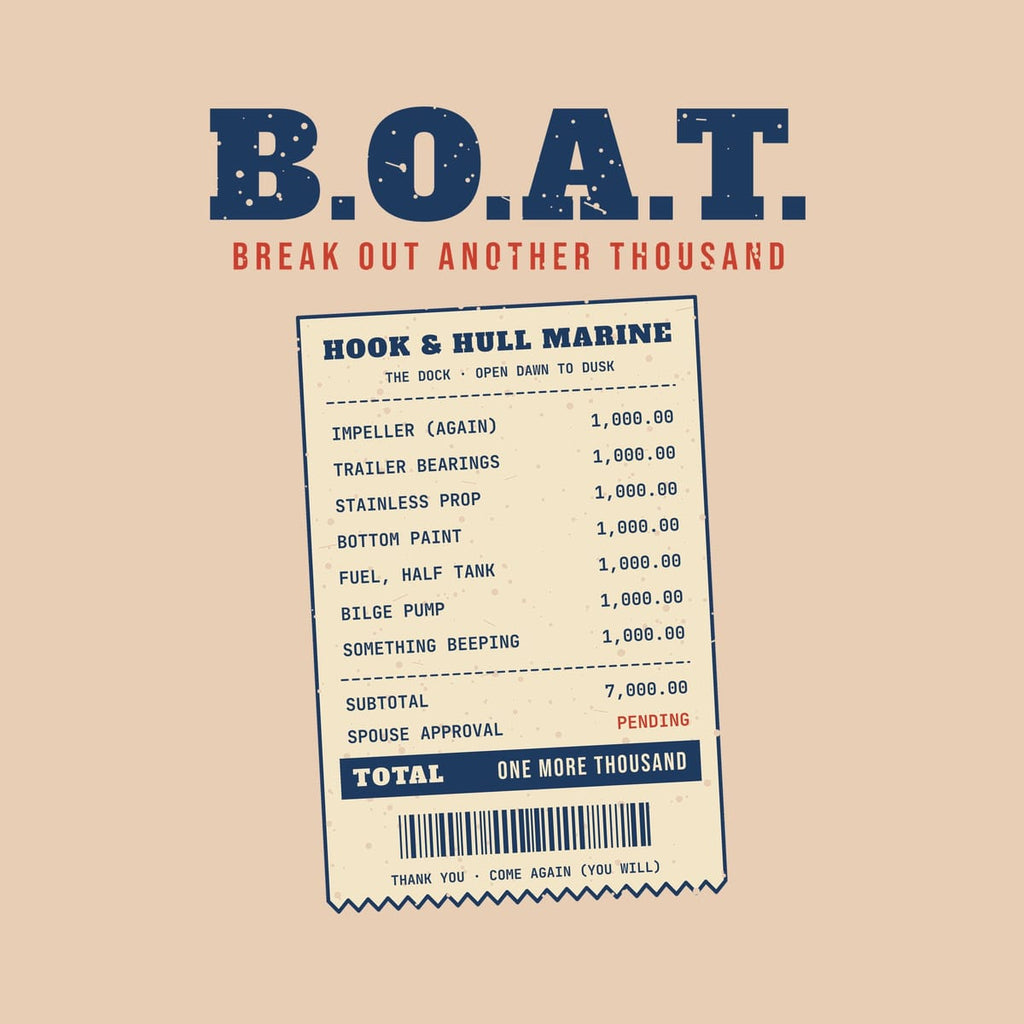 Close-up of the back print artwork on an ivory background: large B.O.A.T. Break Out Another Thousand lettering above a long receipt of boat repairs at a thousand dollars each