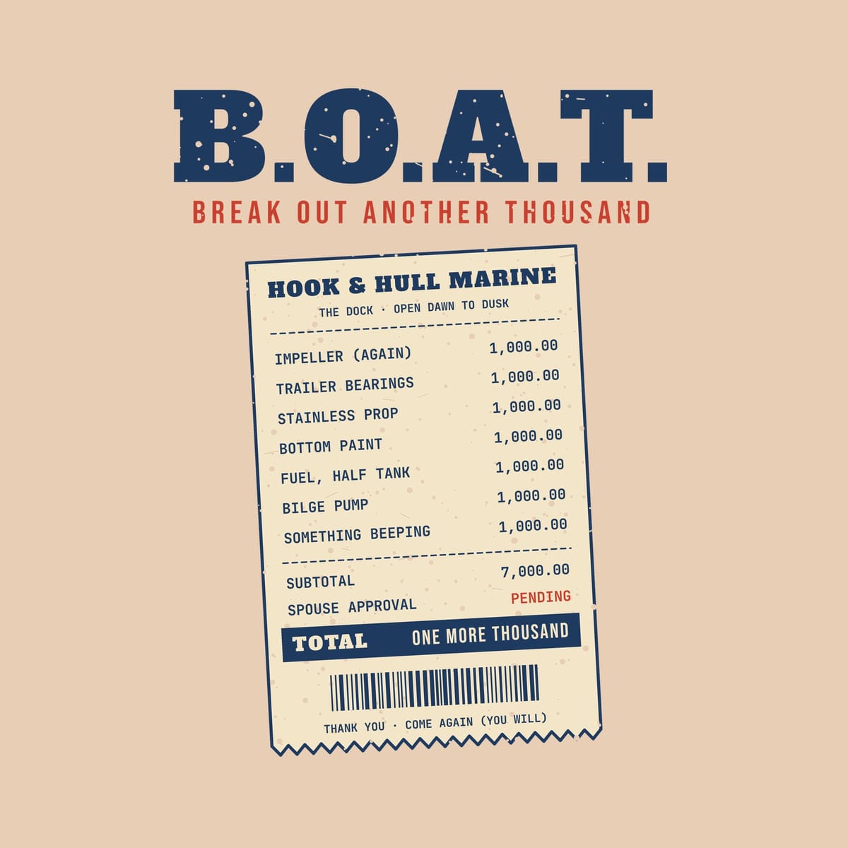 Close-up of the back print artwork on an ivory background: large B.O.A.T. Break Out Another Thousand lettering above a long receipt of boat repairs at a thousand dollars each