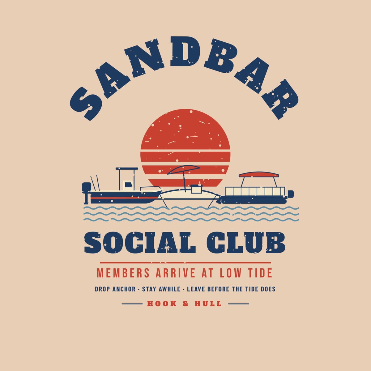 Close-up of the print artwork on an ivory background: full front print of two anchored boats at a sandbar under a striped sunset with the words Sandbar Social Club