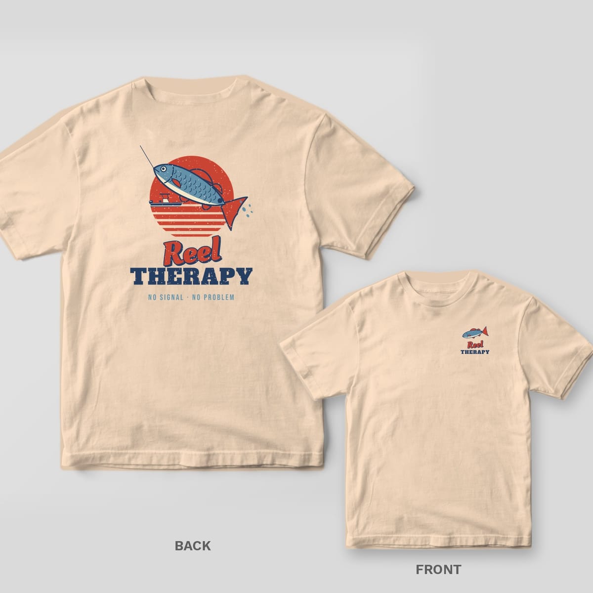 Back and front of an ivory Comfort Colors T-shirt with a retro sunset with a leaping fish on a fishing line, a small boat and the words Reel Therapy; small chest print on the front
