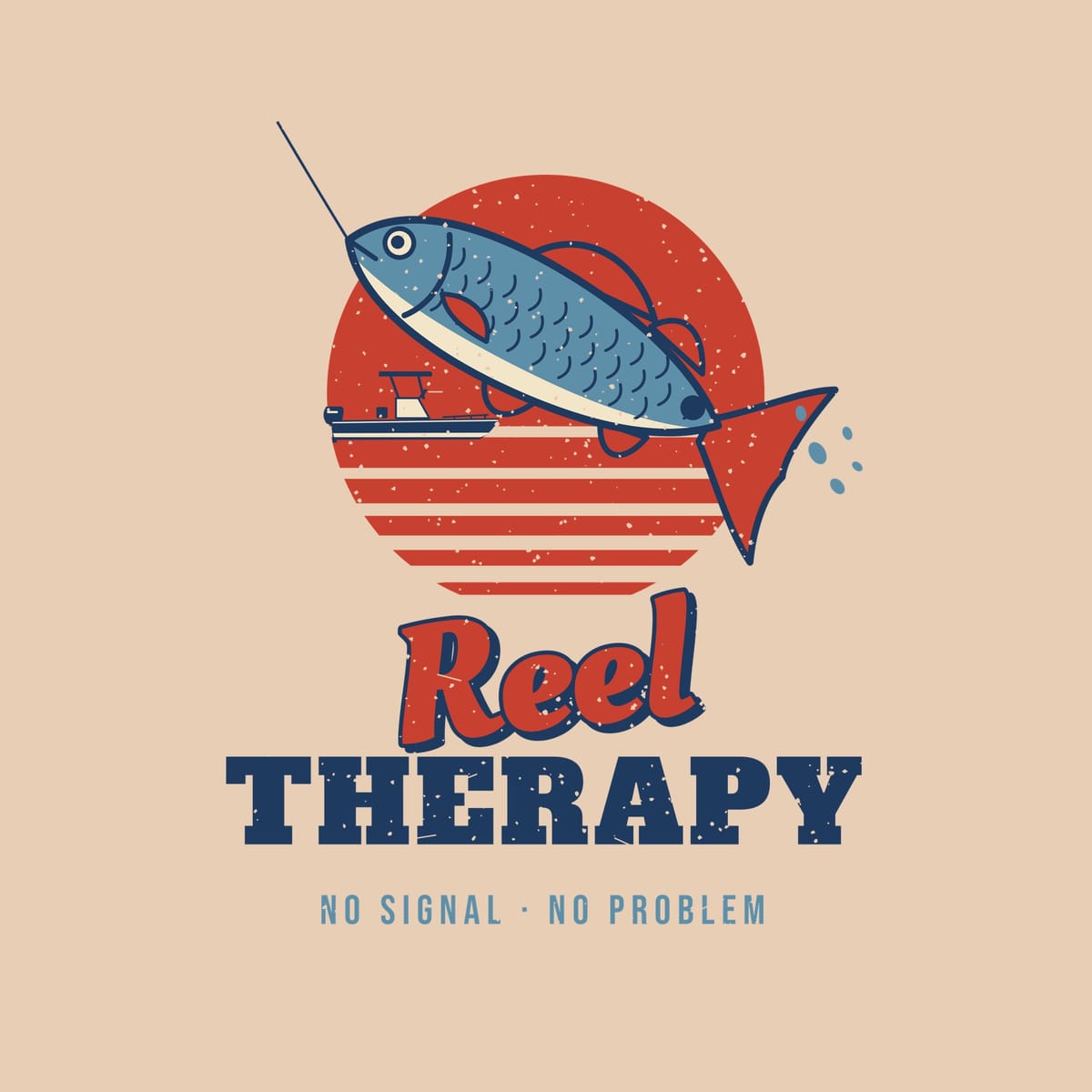 Close-up of the back print artwork on an ivory background: retro sunset with a leaping fish on a fishing line, a small boat and the words Reel Therapy