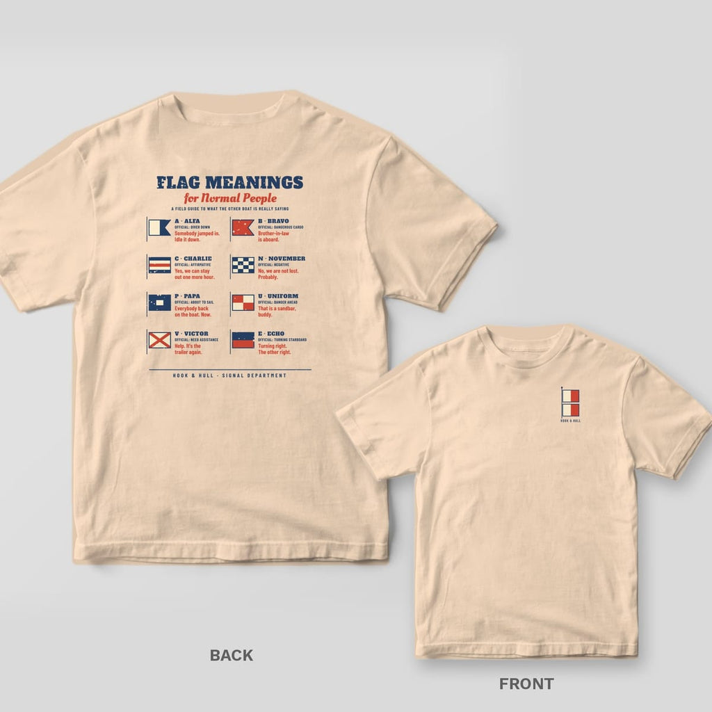 Back and front of an ivory Comfort Colors T-shirt with a chart of eight nautical signal flags with official meanings and funny translations under the title Flag Meanings for Normal People; small chest print on the front