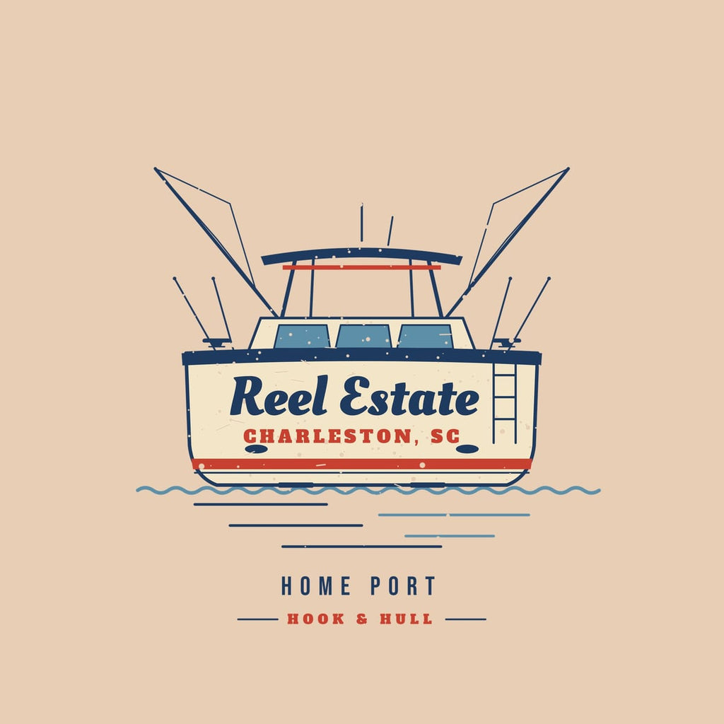 Close-up of the back print artwork on an ivory background: stern view of a sportfishing boat with outriggers and the name Reel Estate, Charleston SC lettered on the transom