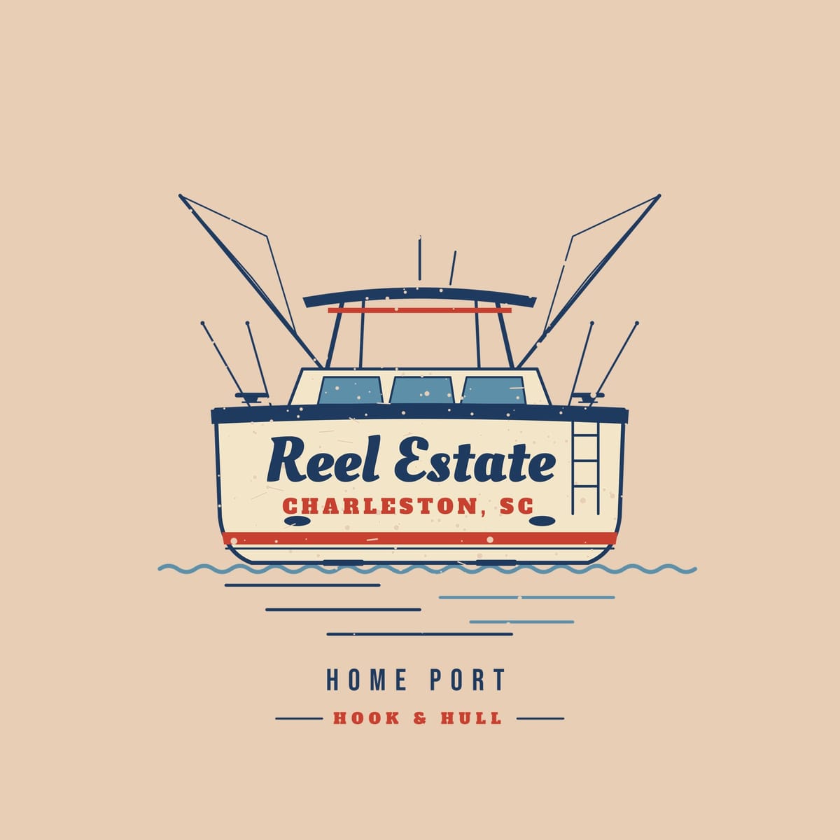 Close-up of the back print artwork on an ivory background: stern view of a sportfishing boat with outriggers and the name Reel Estate, Charleston SC lettered on the transom
