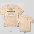 Back and front of an ivory Comfort Colors T-shirt with a vintage fuel gauge with the needle on empty under the words Not All Who Wander Are Lost, Some Are Out of Gas; small chest print on the front