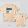 Back and front of an ivory Comfort Colors T-shirt with a boat landing sign reading Ramp Rules with four numbered rules and a pelican perched on the corner; small chest print on the front