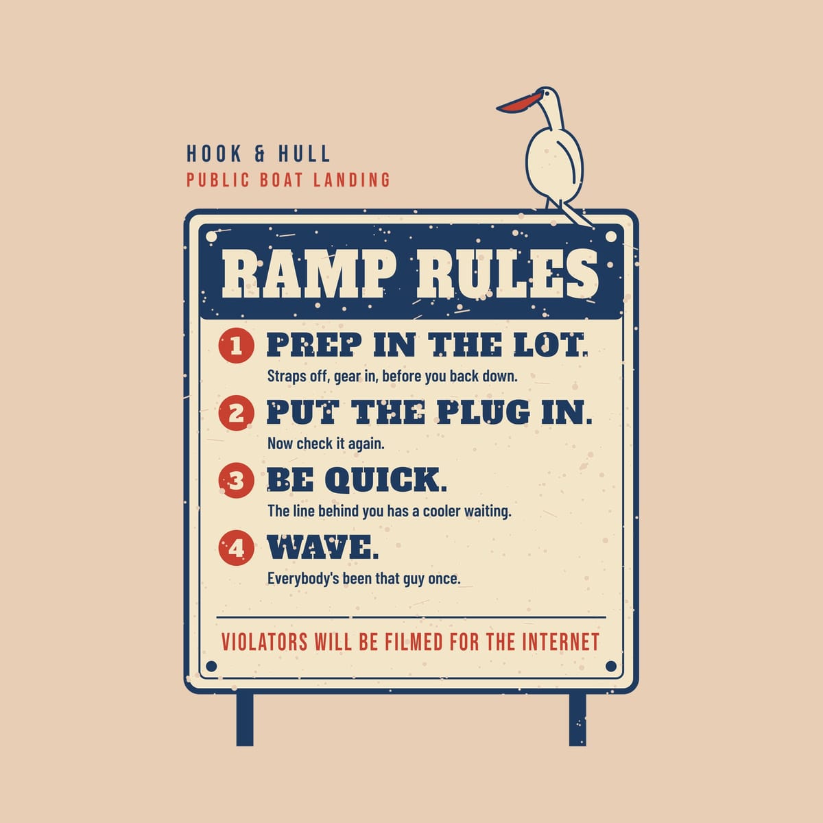 Close-up of the back print artwork on an ivory background: boat landing sign reading Ramp Rules with four numbered rules and a pelican perched on the corner