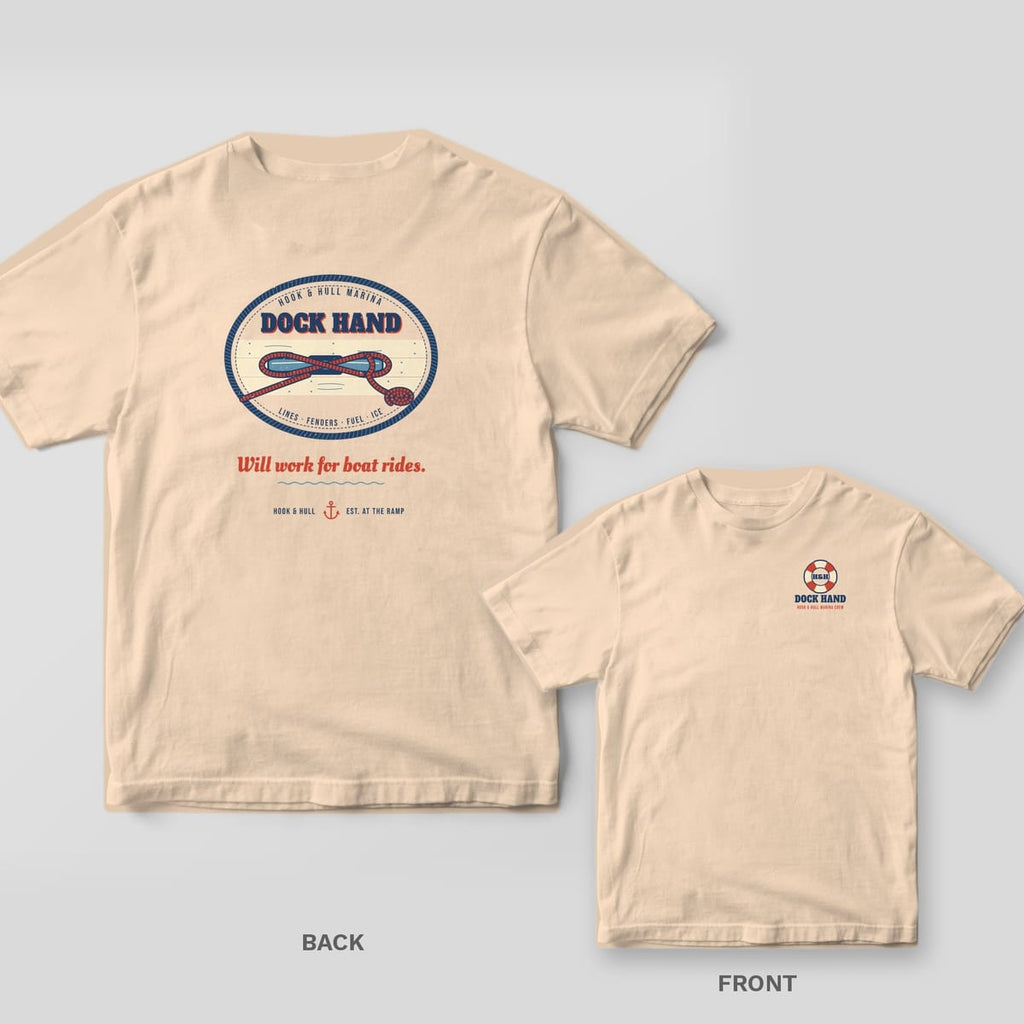 Back and front of an ivory Comfort Colors T-shirt with an oval Dock Hand patch with a rope tied in a cleat hitch on dock planks and the line Will work for boat rides; small chest print on the front