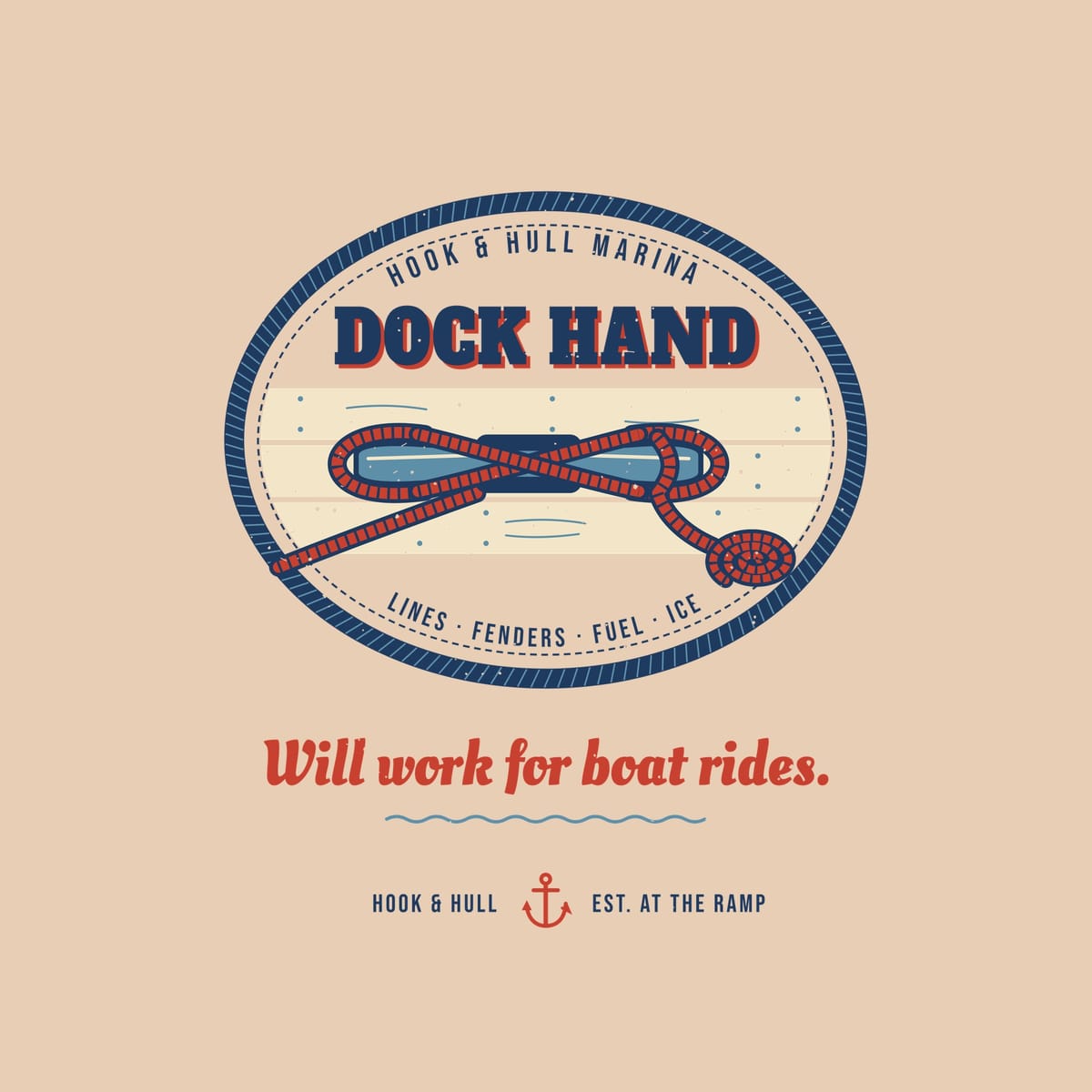 Close-up of the back print artwork on an ivory background: an oval Dock Hand patch with a rope tied in a cleat hitch on dock planks and the line Will work for boat rides