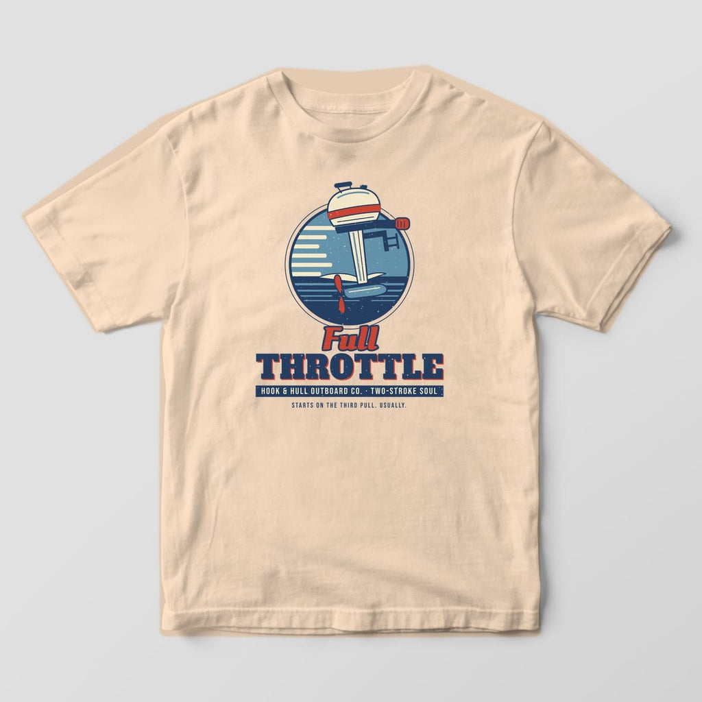 Front of an ivory Comfort Colors 1717 T-shirt with a full-front print of a vintage outboard motor in a round badge with speed lines and the words Full Throttle