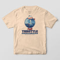 Front of an ivory Comfort Colors 1717 T-shirt with a full-front print of a vintage outboard motor in a round badge with speed lines and the words Full Throttle