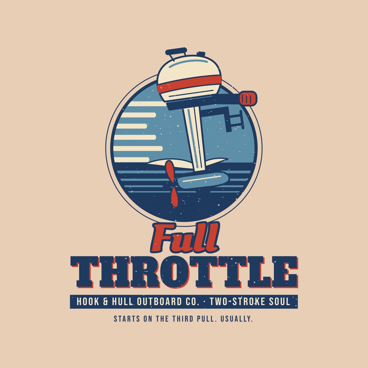 Close-up of the front print artwork on an ivory background: a vintage outboard motor in a round badge with speed lines and the words Full Throttle