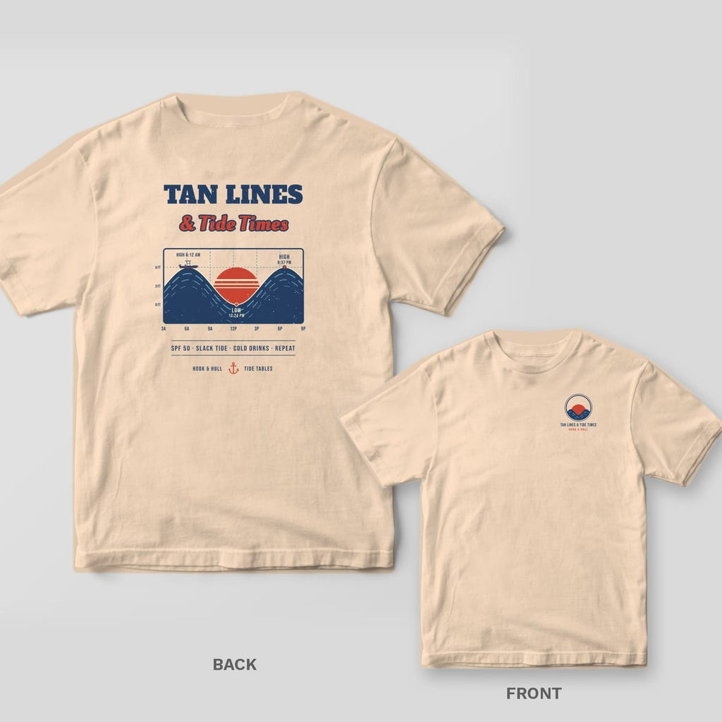 Back and front of an ivory Comfort Colors T-shirt with the words Tan Lines and Tide Times over a retro tide chart with a red sunset, wave curves and a small boat; small chest print on the front