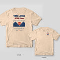 Back and front of an ivory Comfort Colors T-shirt with the words Tan Lines and Tide Times over a retro tide chart with a red sunset, wave curves and a small boat; small chest print on the front