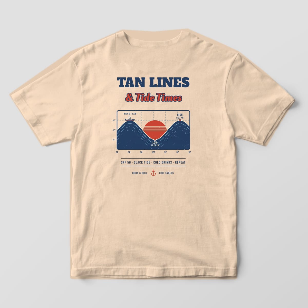Back of an ivory Comfort Colors 1717 T-shirt showing the words Tan Lines and Tide Times over a retro tide chart with a red sunset, wave curves and a small boat