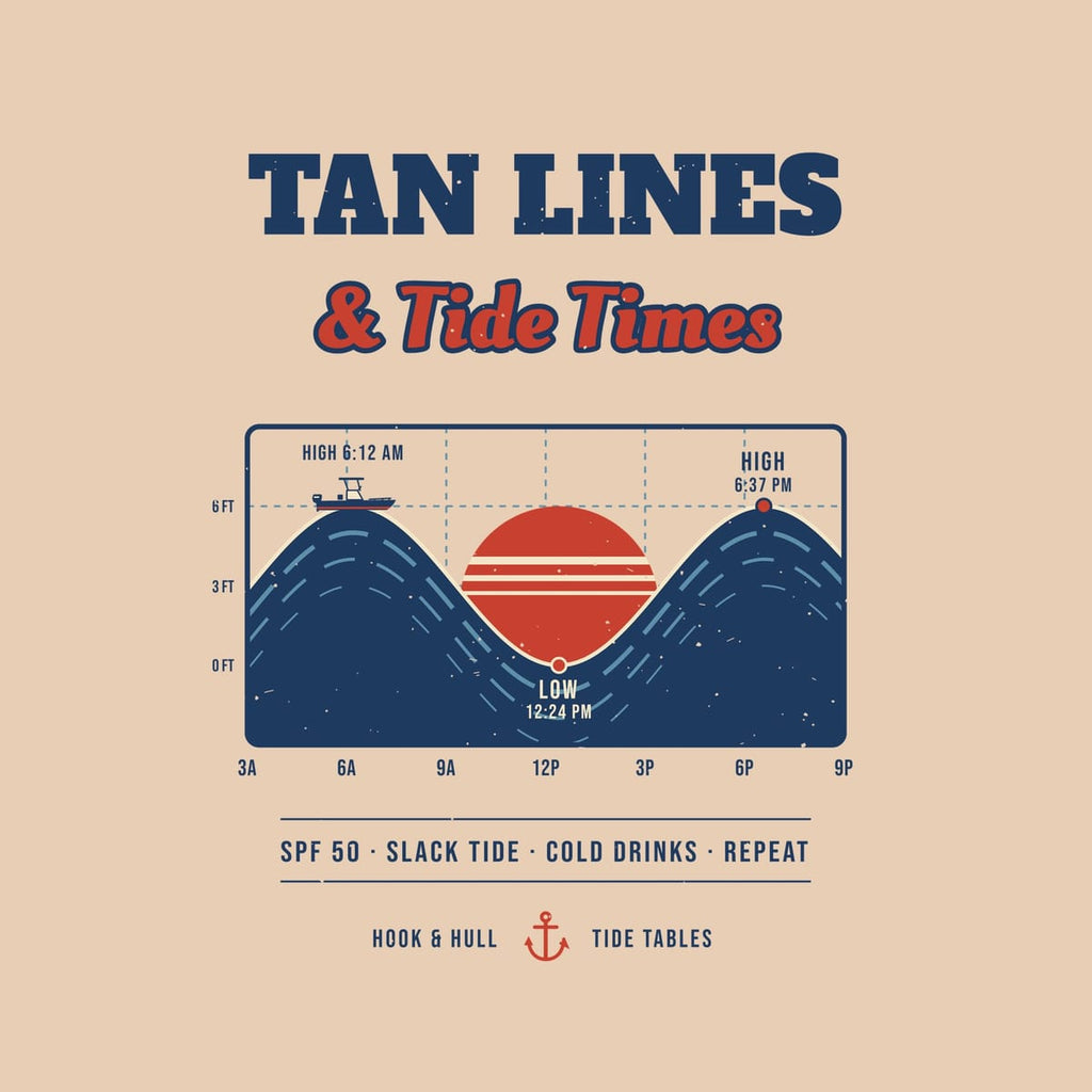 Close-up of the back print artwork on an ivory background: the words Tan Lines and Tide Times over a retro tide chart with a red sunset, wave curves and a small boat