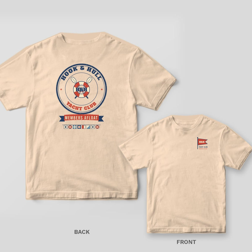 Back and front of an ivory Comfort Colors T-shirt with a rope ring crest with a red and cream life ring, crossed oars and the words Hook and Hull Yacht Club, Members Afloat; small chest print on the front