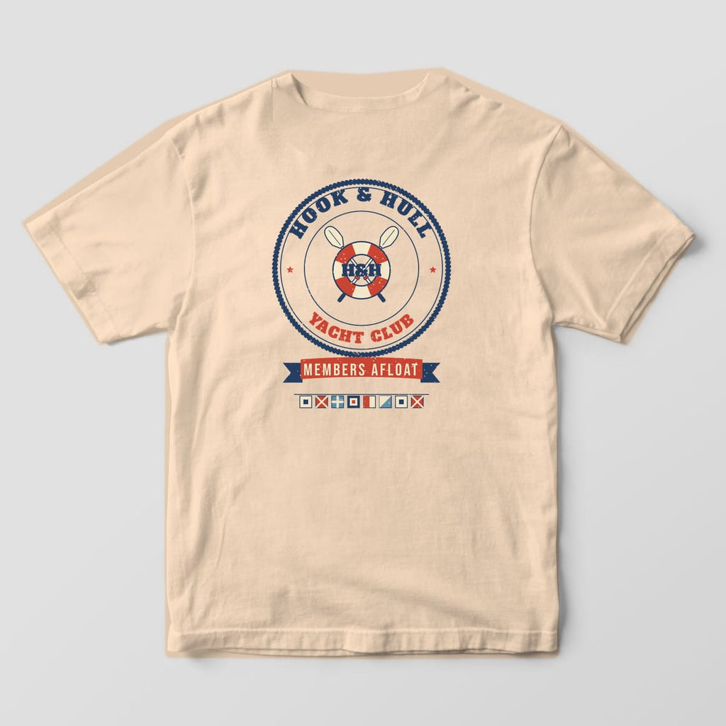 Back of an ivory Comfort Colors 1717 T-shirt showing the rope ring crest with a red and cream life ring, crossed oars and the words Hook and Hull Yacht Club, Members Afloat