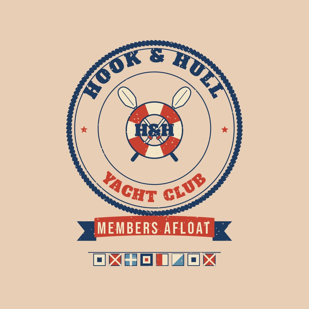 Close-up of the back print artwork on an ivory background: rope ring crest with a red and cream life ring, crossed oars and the words Hook and Hull Yacht Club, Members Afloat
