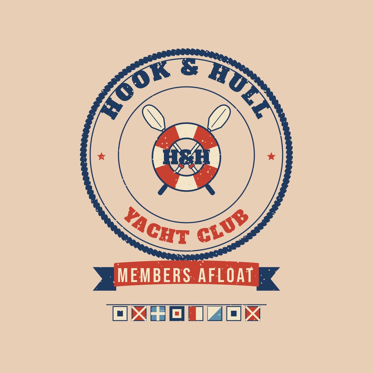 Close-up of the back print artwork on an ivory background: rope ring crest with a red and cream life ring, crossed oars and the words Hook and Hull Yacht Club, Members Afloat