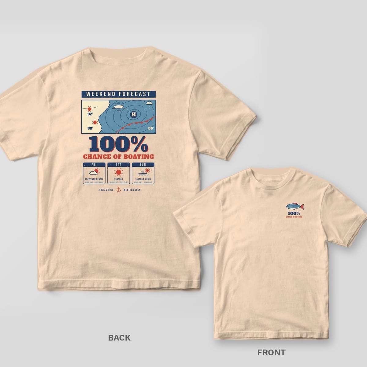 Back and front of an ivory Comfort Colors T-shirt with a retro weather map with a high pressure symbol and boats at a sandbar, the words 100% Chance of Boating and a three-day forecast; small chest print on the front