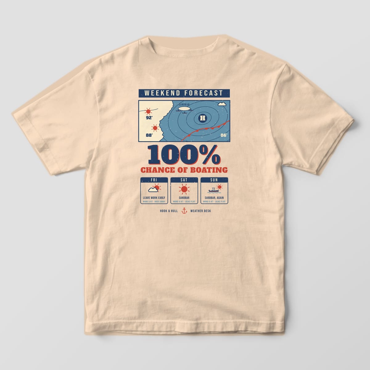 Back of an ivory Comfort Colors 1717 T-shirt showing a retro weather map with a high pressure symbol and boats at a sandbar, the words 100% Chance of Boating and a three-day forecast